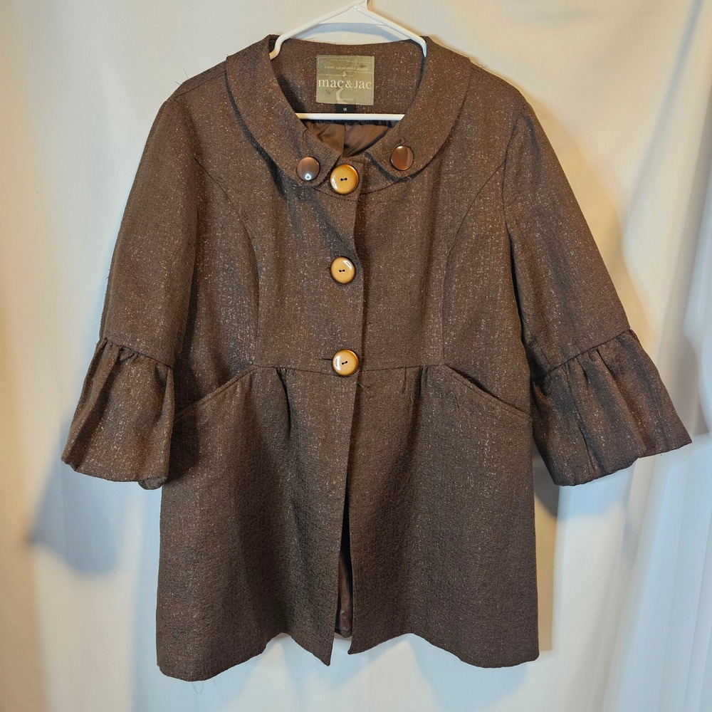 Mac & Jac Shimmer Babydoll Coat Womens 14 Brown Metallic Ruffle Sleeve Vintage